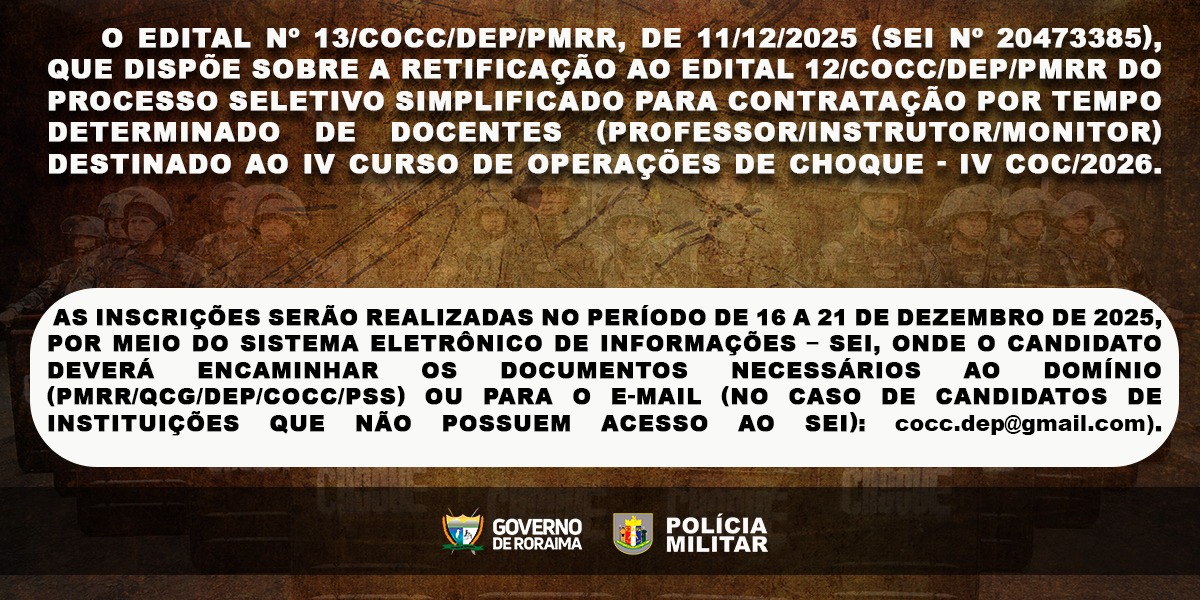 Processo Seletivo Simplificado para contratação de instrutor/monitor referente ao IV Curso de Operações de Choque 2026